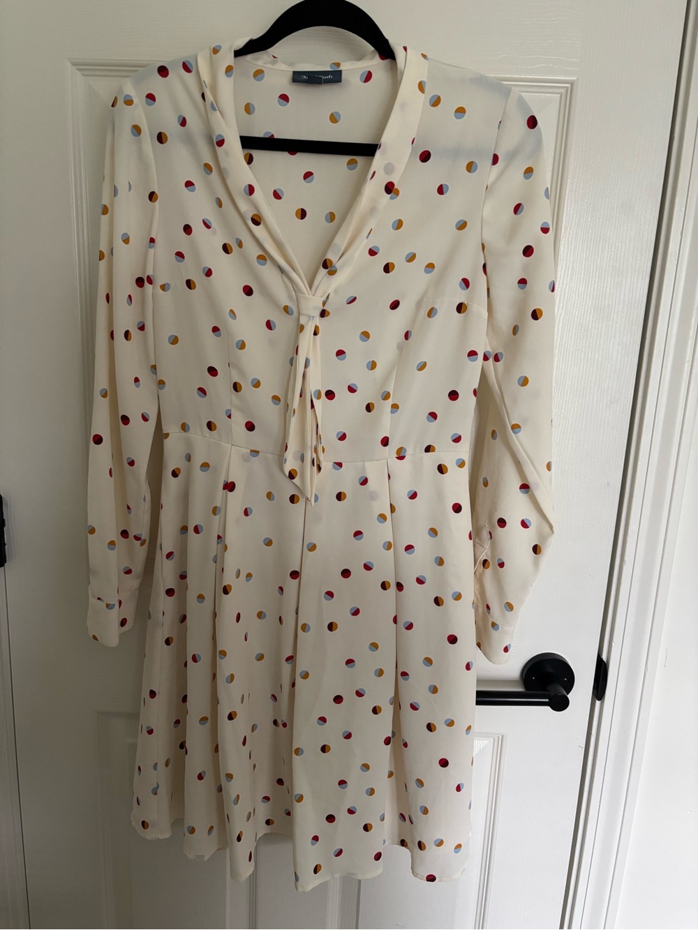 Polka Dot Tie-Neck Cream Dress modcloth cute teacher outfit long sleeve light
